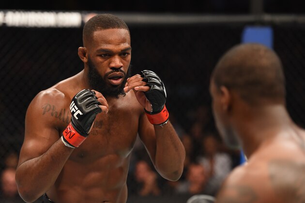 LAS VEGAS, NV - APRIL 23:  (L-R) Jon Jones and Ovince Saint Preux face off in their interim UFC light heavyweight championship bout during the UFC 197 event inside MGM Grand Garden Arena on April 23, 2016 in Las Vegas, Nevada.  (Photo by Josh Hedges/Zuffa LLC/Zuffa LLC via Getty Images)