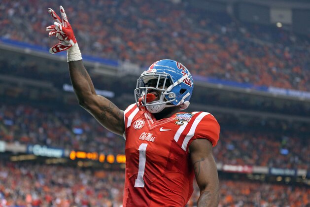 Jan 1, 2016; New Orleans, LA, USA; Mississippi Rebels wide receiver Laquon Treadwell (1) celebrates his ten-yard touchdown catch against the Oklahoma State Cowboys in the second quarter of the 2016 Sugar Bowl at the Mercedes-Benz Superdome. Mandatory Credit: Chuck Cook-USA TODAY Sports