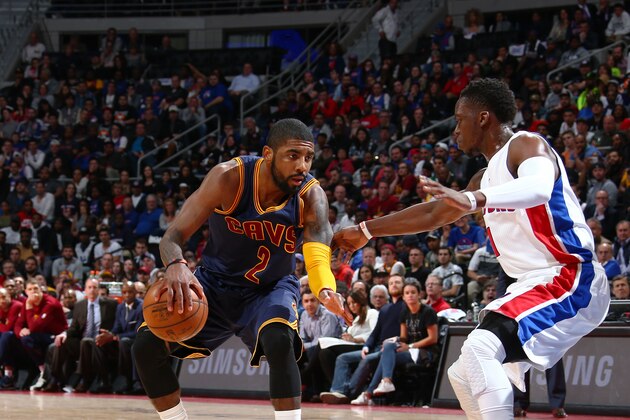 AUBURN HILLS, MI - APRIL 24:  Kyrie Irving #2 of the Cleveland Cavaliers handles the ball against Reggie Jackson #1 of the Detroit Pistons in Game Four of the Eastern Conference Quarterfinals during the 2016 NBA Playoffs on  April 24, 2016 at The Palace of Auburn Hills in Auburn Hills, Michigan. NOTE TO USER: User expressly acknowledges and agrees that, by downloading and/or using this photograph, User is consenting to the terms and conditions of the Getty Images License Agreement. Mandatory Copyright Notice: Copyright 2016 NBAE (Photo by Nathaniel S. Butler/NBAE via Getty Images)