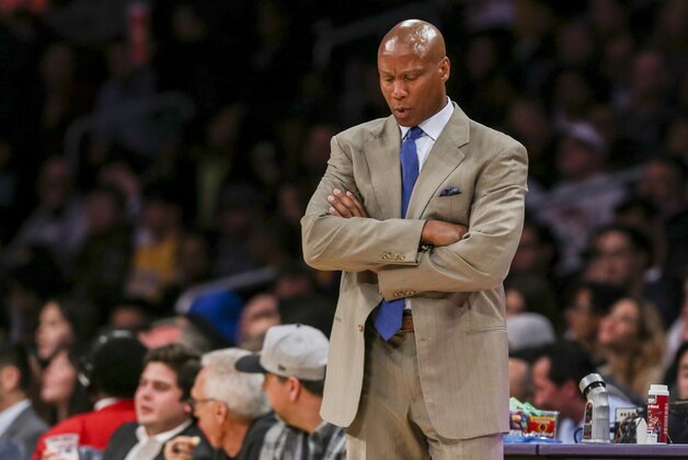 Los Angeles Lakers head coach Byron Scott in the second half of an NBA basketball game against Orlando Magic Tuesday, March 8, 2016, in Los Angeles.  Lakers won 107-98. (AP Photo/Ringo H.W. Chiu)