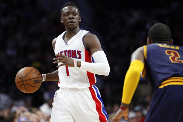 Apr 24, 2016; Auburn Hills, MI, USA; Detroit Pistons guard Reggie Jackson (1) is defended by Cleveland Cavaliers guard Kyrie Irving (2) during the second quarter in game four of the first round of the NBA Playoffs at The Palace of Auburn Hills. Mandatory Credit: Raj Mehta-USA TODAY Sports