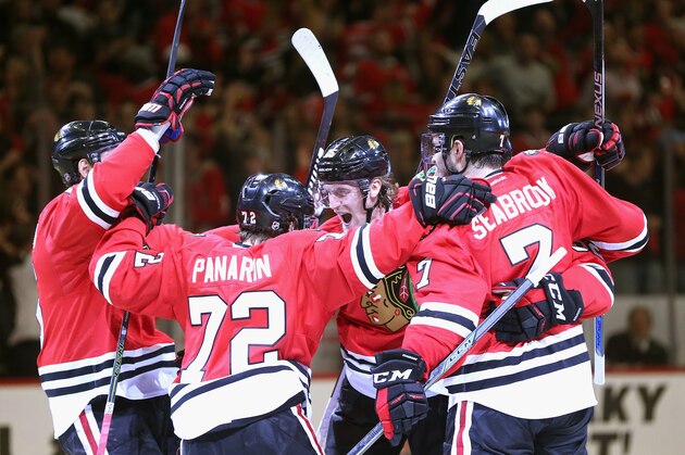 CHICAGO, IL - APRIL 23: Dale Weise #25 of the Chicago Blackhawks (center) celebrates a second period goal with teammates including Artemi Panarin #72 and Brent Seabrook #7 against the St. Louis Blues in Game Six of the Western Conference First Round during the 2016 NHL Stanley Cup Playoffs at the United Center on April 23, 2016 in Chicago, Illinois. (Photo by Jonathan Daniel/Getty Images) CHICAGO, IL - APRIL 23: Dale Weise #25 of the Chicago Blackhawks (center) celebrates a second period goal with teammates including Artemi Panarin #72 and Brent Seabrook #7 against the St. Louis Blues in Game Six of the Western Conference First Round during the 2016 NHL Stanley Cup Playoffs at the United Center on April 23, 2016 in Chicago, Illinois. (Photo by Jonathan Daniel/Getty Images)