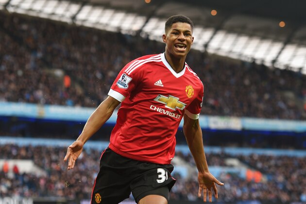 MANCHESTER, ENGLAND - MARCH 20:  Marcus Rashford of Manchester United celebrates as he scores their first goal during the Barclays Premier League match between Manchester City and Manchester United at Etihad Stadium on March 20, 2016 in Manchester, United Kingdom.  (Photo by Michael Regan/Getty Images)