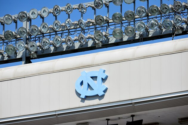 CHAPEL HILL, NC - OCTOBER 06: The North Carolina Tar Heels logo is seen near the top of Kenan Stadium during a game between the Virginia Tech Hokies and the North Carolina Tar Heels on October 6, 2012 at Kenan Stadium in Chapel Hill, North Carolina.  (Photo by Lance King/Getty Images)