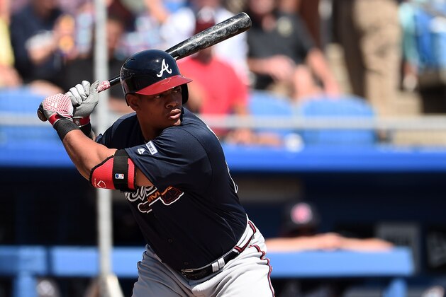 DUNEDIN, FL - MARCH 07:  Hector Olivera #28 of the Atlanta Braves waits for a pitch during a spring training game against the Toronto Blue Jays at Florida Auto Exchange Stadium on March 7, 2016 in Dunedin, Florida.  (Photo by Stacy Revere/Getty Images)