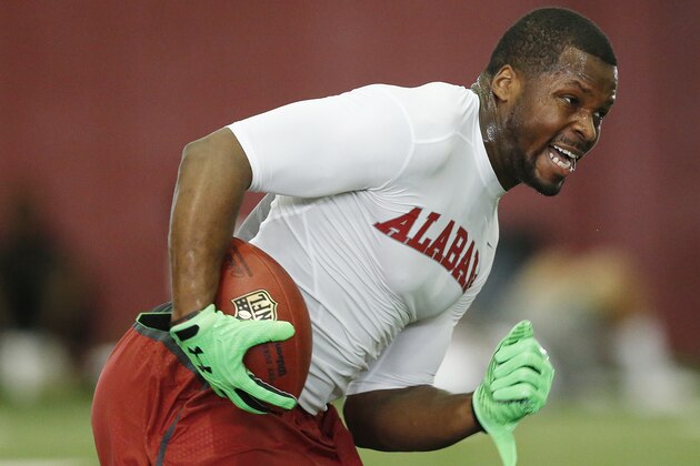 Linebacker Reggie Ragland runs drills during Alabama's NFL football Pro Day, Wednesday, March 9, 2016, in Tuscaloosa, Ala. The event is to showcase players for the upcoming NFL football draft. (AP Photo/Brynn Anderson)