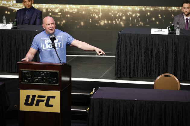 UFC president Dana White speaks beside an empty chair where Conor McGregor was supposed to sit during a news conference for UFC 200, Friday, April 22, 2016, in Las Vegas. (AP Photo/John Locher)