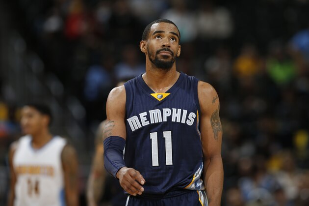 Memphis Grizzlies guard Mike Conley (11) in the second half of an NBA basketball game Monday, Feb. 29, 2016, in Denver. Memphis won 103-96. (AP Photo/David Zalubowski)