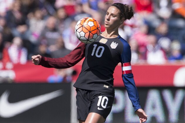 CHESTER, PENNSYLVANIA - APRIL 10: Carli Lloyd #10 of the United States controls the ball against Colombia at Talen Energy Stadium on April 10, 2016 in Chester, Pennsylvania. The United States defeated Colombia 3-0. (Photo by Mitchell Leff/Getty Images)