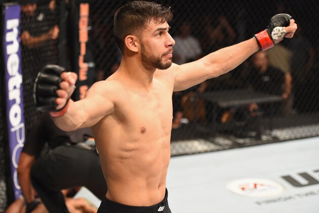 LAS VEGAS, NV - APRIL 23:  Yair Rodriguez of Mexico celebrates his knockout victory over Andre Fili in their featherweight bout during the UFC 197 event inside MGM Grand Garden Arena on April 23, 2016 in Las Vegas, Nevada.  (Photo by Josh Hedges/Zuffa LLC/Zuffa LLC via Getty Images)