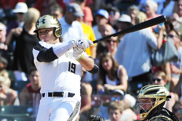 Aug 15, 2015; Chicago, IL, USA; National third baseman Bo Bichette (19) bats  against the American team during the first inning in the Under Armour All America Baseball game at Wrigley field. Mandatory Credit: David Banks-USA TODAY Sports