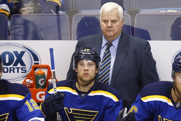 St. Louis Blues head coach Ken Hitchcock watches his team during a NHL hockey game against the Arizona Coyotes, Monday, April 4, 2016, in St. Louis. The Blues won the game 5-2. (AP Photo/Billy Hurst)