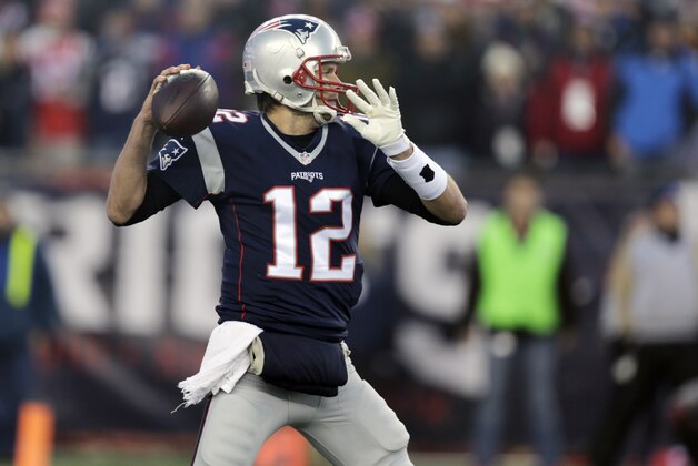 New England Patriots quarterback Tom Brady (12) passes against the Kansas City Chiefs in the first half of an NFL divisional playoff football game, Saturday, Jan. 16, 2016, in Foxborough, Mass. (AP Photo/Charles Krupa)