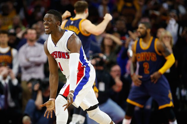 AUBURN HILLS, MI - APRIL 24: Reggie Jackson #1 of the Detroit Pistons looks for a foul call with Matthew Dellavedova #8 and Kyrie Irving #2 of the Cleveland Cavaliers celebrating a 100-98 win in game four of the NBA Eastern Conference quarterfinals behind him during the 2016 NBA Playoffs at the Palace of Auburn Hills on April 24, 2016 in Auburn Hills, Michigan. NOTE TO USER: User expressly acknowledges and agrees that, by downloading and or using this photograph, User is consenting to the terms and conditions of the Getty Images License Agreement.  (Photo by Gregory Shamus/Getty Images)