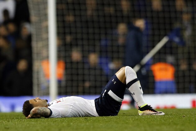 Tottenham Hotspur’s Kyle Walker lies flat out on the pitch at the end of their English Premier League soccer match between Tottenham Hotspur and West Bromwich Albion at White Hart Lane in London, Monday, April 25,  2016. (AP Photo/Alastair Grant)