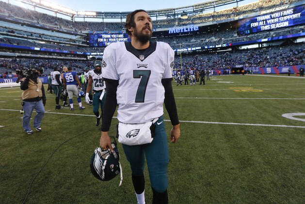 Philadelphia Eagles quarterback Sam Bradford (7) walks off the field after beating the New York Giants 35-30 in an NFL football game, Sunday, Jan. 3, 2016, in East Rutherford, N.J. (AP Photo/Julio Cortez)