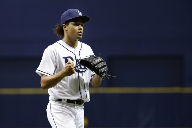 Apr 25, 2016; St. Petersburg, FL, USA; Tampa Bay Rays starting pitcher Chris Archer (22) pumps his fist at the end of the fifth inning against the Baltimore Orioles at Tropicana Field. Mandatory Credit: Kim Klement-USA TODAY Sports
