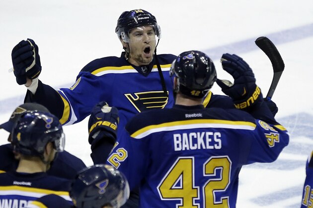 St. Louis Blues' Scottie Upshall and David Backes (42) celebrate after the Blues' 4-3 victory over the Chicago Blackhawks in Game 7 of an NHL hockey first-round Stanley Cup playoff series Monday, April 25, 2016, in St. Louis. The Blues won the series 4-3. (AP Photo/Jeff Roberson)