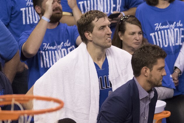 OKLAHOMA CITY, OK - APRIL 25: Dirk Nowitzki #41 of the Dallas Mavericks watches the final seconds of Game Five of the Western Conference Quarterfinals against Oklahoma City during the 2016 NBA Playoffs at the Chesapeake Energy Arena on April 25, 2016 in Oklahoma City, Oklahoma. NOTE TO USER: User expressly acknowledges and agrees that, by downloading and or using this photograph, User is consenting to the terms and conditions of the Getty Images License Agreement. (Photo by J Pat Carter/Getty Images) OKLAHOMA CITY, OK - APRIL 25: Dirk Nowitzki #41 of the Dallas Mavericks watches the final seconds of Game Five of the Western Conference Quarterfinals against Oklahoma City during the 2016 NBA Playoffs at the Chesapeake Energy Arena on April 25, 2016 in Oklahoma City, Oklahoma. NOTE TO USER: User expressly acknowledges and agrees that, by downloading and or using this photograph, User is consenting to the terms and conditions of the Getty Images License Agreement. (Photo by J Pat Carter/Getty Images)
