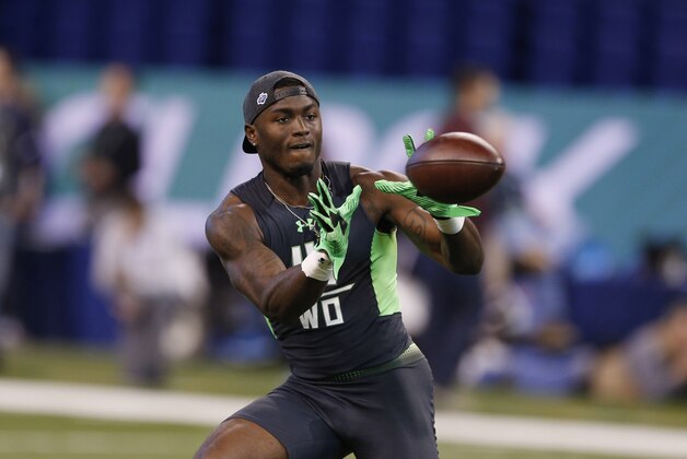 Feb 27, 2016; Indianapolis, IN, USA; Ole Miss Rebels wide receiver Laquon Treadwell catches a pass during the 2016 NFL Scouting Combine at Lucas Oil Stadium. Mandatory Credit: Brian Spurlock-USA TODAY Sports