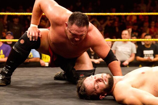Samoa Joe takes out Finn Balor on an episode of NXT.