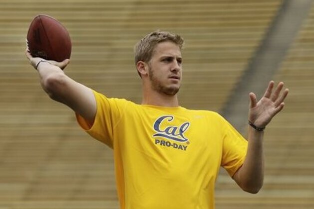 FILE - In this March 18, 2016 file photo, California quarterback Jared Goff passes during California's NFL Pro Day in Berkeley, Calif. Even in a year when the quarterbacks don't appear to be slam-dunk naturals to make it big in the NFL, that's where the focus will be when the draft begins Thursday night, April 28, in Chicago. (AP Photo/Ben Margot, File)