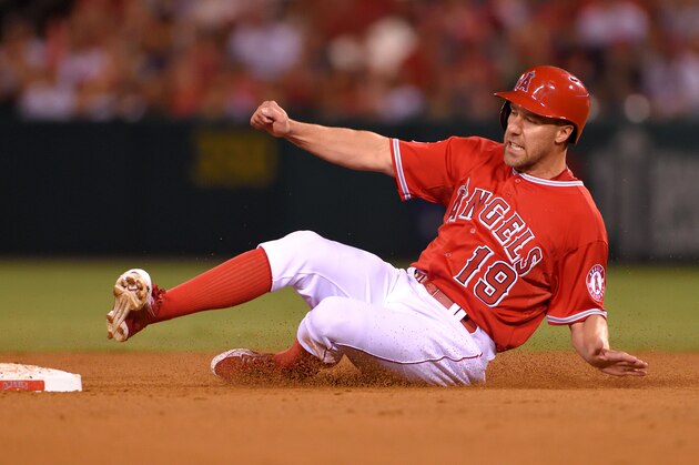 ANAHEIM, CA - AUGUST 3: David Murphy #19 of the Los Angeles Angels of Anaheim slides into second base during the game against the Cleveland Indians at Angel Stadium of Anaheim on August 3, 2015 in Anaheim, California. (Photo by Matt Brown/Angels Baseball LP/Getty Images)