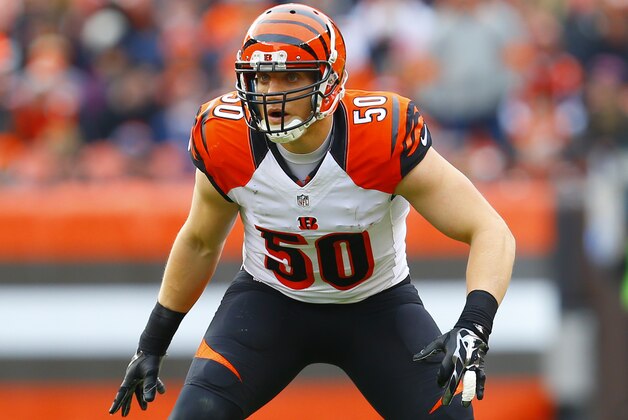 Cincinnati Bengals outside linebacker A.J. Hawk (50) lines up against Cleveland Browns during an NFL football game, Sunday, Dec. 6, 2015, in Cleveland. (Jeff Haynes/AP Images for Panini)