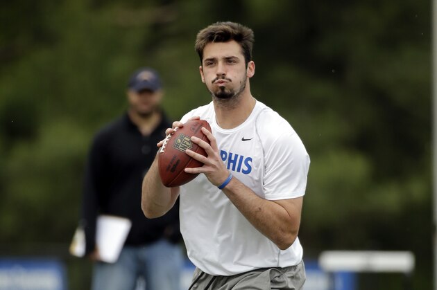 Memphis quarterback Paxton Lynch passes during the school's NFL football pro day Wednesday, April 6, 2016, in Memphis, Tenn. (AP Photo/Mark Humphrey)
