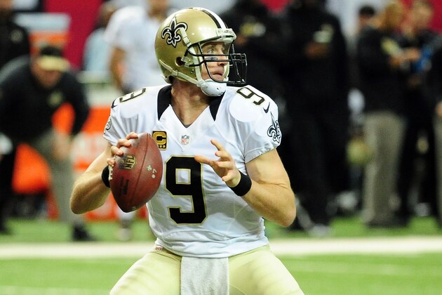 ATLANTA, GA - JANUARY 03:  Drew Brees #9 of the New Orleans Saints drops back to pass during the first half against the Atlanta Falcons at the Georgia Dome on January 3, 2016 in Atlanta, Georgia.  (Photo by Scott Cunningham/Getty Images)