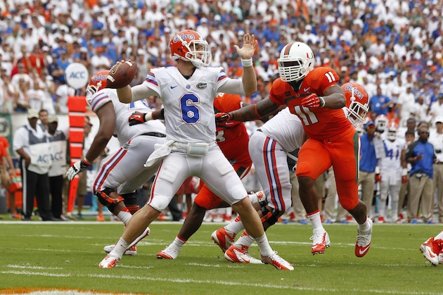 MIAMI GARDENS, FL - SEPTEMBER 7: Jeff Driskel #6 of the Florida Gators throws the ball against the Miami Hurricanes on September 7, 2013 at Sun Life Stadium in Miami Gardens, Florida. The Hurricanes defeated the Gators 21-16. (Photo by Joel Auerbach/Getty Images)