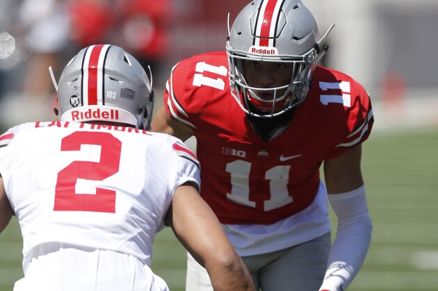 Ohio State wide receiver Austin Mack plays in Ohio State's NCAA college football spring game Saturday, April 16, 2016, in Columbus, Ohio. (AP Photo/Jay LaPrete)