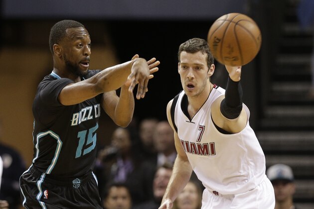 Charlotte Hornets' Kemba Walker (15) passes the ball past Miami Heat's Goran Dragic (7) during the first half of an NBA first round playoff basketball game in Charlotte, N.C., Saturday, April 23, 2016. (AP Photo/Chuck Burton)