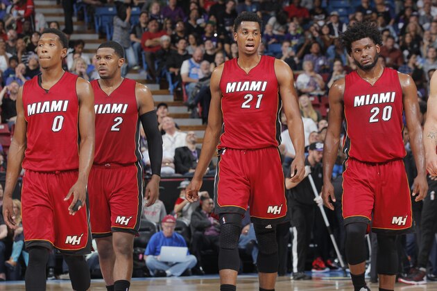SACRAMENTO, CA - APRIL 1: Josh Richardson #0, Joe Johnson #2, Hassan Whiteside #21 and Justise Winslow #20 of the Miami Heat face off against the Sacramento Kings on April 1, 2016 at Sleep Train Arena in Sacramento, California. NOTE TO USER: User expressly acknowledges and agrees that, by downloading and or using this photograph, User is consenting to the terms and conditions of the Getty Images Agreement. Mandatory Copyright Notice: Copyright 2016 NBAE (Photo by Rocky Widner/NBAE via Getty Images)