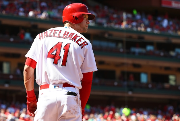 Apr 14, 2016; St. Louis, MO, USA; St. Louis Cardinals right fielder Jeremy Hazelbaker (41) looks on from the on deck circle against the Milwaukee Brewers at Busch Stadium. The Cardinals won the game 7-0. Mandatory Credit: Billy Hurst-USA TODAY Sports