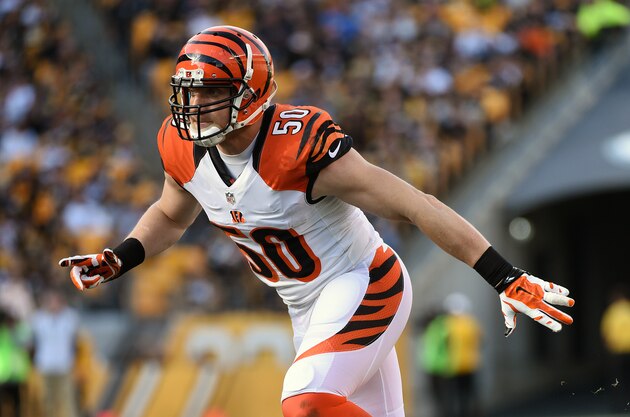 PITTSBURGH, PA - NOVEMBER 1:  Linebacker A.J. Hawk #50 of the Cincinnati Bengals pursues the play during a game against the Pittsburgh Steelers at Heinz Field on November 1, 2015 in Pittsburgh, Pennsylvania.  The Bengals defeated the Steelers 16-10. (Photo by George Gojkovich/Getty Images)