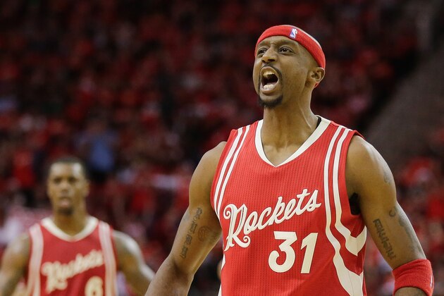 Houston Rockets guard Jason Terry (31) reacts after hitting a 3-point shot against the San Antonio Spurs in the second half of an NBA basketball game Friday, Dec. 25, 2015, in Houston. Houston won 88-84. (AP Photo/Bob Levey)