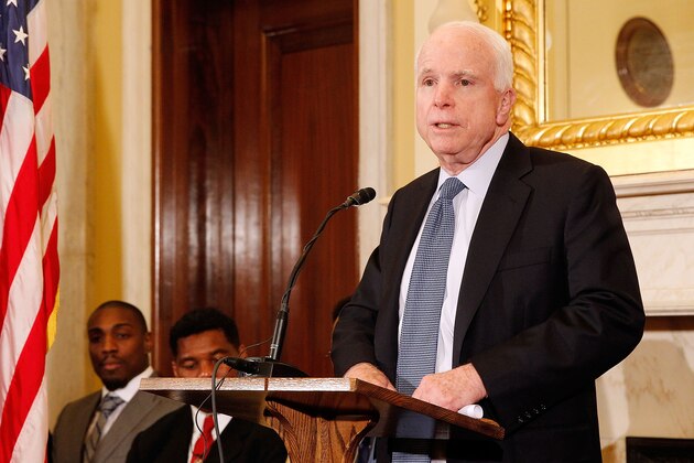WASHINGTON, DC - APRIL 26:  Sen. John McCain (R-AZ) speaks at a press conference to show support of  professional fighters study at Cleveland Clinic Lou Ruvo Center for Brain Health on April 26, 2016 in the Russell Senate Building in Washington, DC.  (Photo by Paul Morigi/Getty Images for Spike TV)