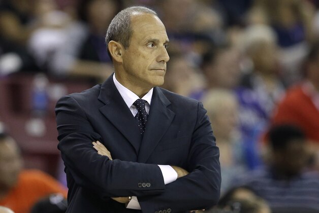 San Antonio Spurs assistant coach Ettore Messina, of Italy, during the second half of an NBA preseason basketball game against the Sacramento Kings in Sacramento, Calif., Thursday Oct. 8, 2015.  Spurs head coach Gregg Popovich did not travel with the team and Messina filled in as head coach.  The Kings won 95-92.(AP Photo/Rich Pedroncelli)