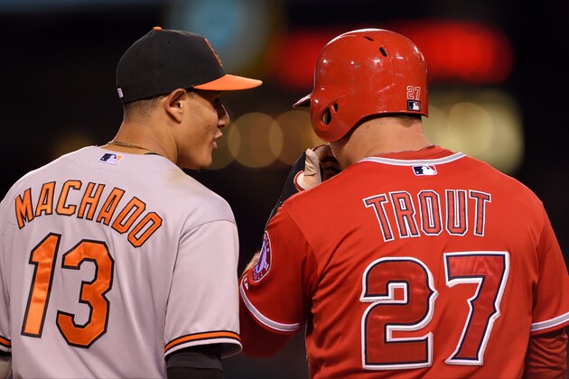 ANAHEIM, CA - AUGUST 8: Manny Machado #13 of the Baltimore Orioles and Mike Trout #27 of the Los Angeles Angels of Anaheim talk during the game at Angel Stadium of Anaheim on August 8, 2015 in Anaheim, California. (Photo by Matt Brown/Angels Baseball LP/Getty Images)