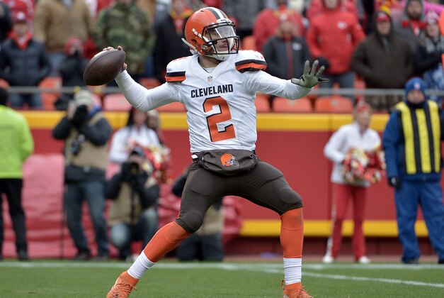 Dec 27, 2015; Kansas City, MO, USA; Cleveland Browns quarterback Johnny Manziel (2) throws a pass during the first half against the Kansas City Chiefs at Arrowhead Stadium. Mandatory Credit: Denny Medley-USA TODAY Sports