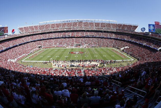 FILE - This Oct. 5, 2014, file photo shows a general view of Levi's Stadium during the first quarter of an NFL football game between the San Francisco 49ers and the Kansas City Chiefs in Santa Clara, Calif. When the architects set out to design a new football stadium for the San Francisco 49ers, they wanted a building that fit the Silicon Valley region where it is located. Retro was out. High-tech and green-friendly were in.  (AP Photo/Tony Avelar, File)