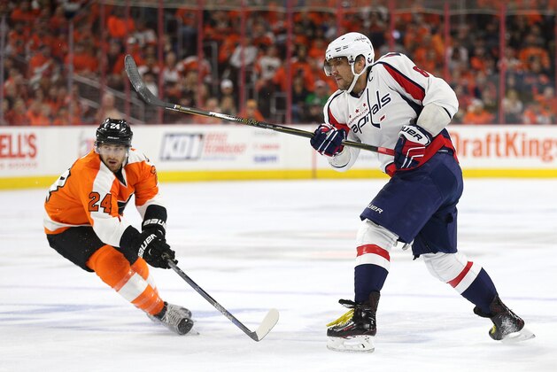 PHILADELPHIA, PA - APRIL 24: Alex Ovechkin #8 of the Washington Capitals shoots against the Philadelphia Flyers during the first period in Game Six of the Eastern Conference Quarterfinals during the 2016 NHL Stanley Cup Playoffs at Wells Fargo Center on April 24, 2016 in Philadelphia, Pennsylvania. (Photo by Patrick Smith/Getty Images)