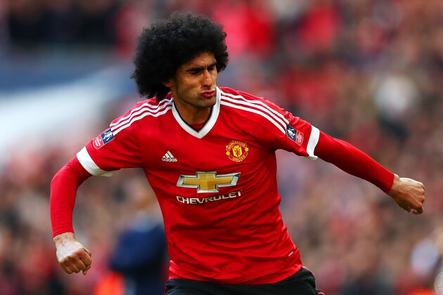 LONDON, ENGLAND - APRIL 23: Marouane Fellaini of Manchester United celebrates scoring the opening goal during The Emirates FA Cup semi final match between Everton and Manchester United at Wembley Stadium on April 23, 2016 in London, England.  (Photo by Julian Finney/Getty Images)