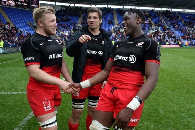 READING, ENGLAND - APRIL 23:  Maro Itoje, (R) the Saracens lock, celebrates with team mate Jackson Wray (L) and Michael Rhodes after their victory during the European Rugby Champions Cup semi final match between Saracens and Wasps at Madejski Stadium on April 23, 2016 in Reading, England.  (Photo by David Rogers/Getty Images)