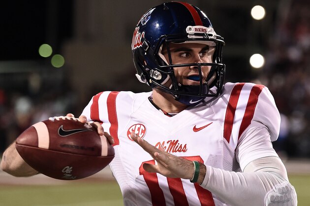 STARKVILLE, MS - NOVEMBER 28:  Chad Kelly #10 of the Mississippi Rebels participates in warmups prior to a game against the Mississippi State Bulldogs at Davis Wade Stadium on November 28, 2015 in Starkville, Mississippi.  Mississippi defeated Mississippi State 38-27.  (Photo by Stacy Revere/Getty Images)
