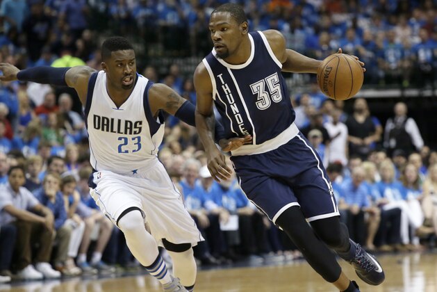 Oklahoma City Thunder forward Kevin Durant (35) drives against Dallas Mavericks guard Wesley Matthews (23) during the first half of Game 4 of a first-round NBA basketball playoff series Saturday, April 23, 2016, in Dallas. (AP Photo/LM Otero) Oklahoma City Thunder forward Kevin Durant (35) drives against Dallas Mavericks guard Wesley Matthews (23) during the first half of Game 4 of a first-round NBA basketball playoff series Saturday, April 23, 2016, in Dallas. (AP Photo/LM Otero)