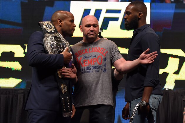 LAS VEGAS, NV - MARCH 04: (L-R) Opponents Daniel Cormier and Jon Jones face off during the UFC Unstoppable launch press conference at the MGM Grand Garden Arena on March 4, 2016 in Las Vegas, Nevada. (Photo by Josh Hedges/Zuffa LLC/Zuffa LLC via Getty Images) LAS VEGAS, NV - MARCH 04: (L-R) Opponents Daniel Cormier and Jon Jones face off during the UFC Unstoppable launch press conference at the MGM Grand Garden Arena on March 4, 2016 in Las Vegas, Nevada. (Photo by Josh Hedges/Zuffa LLC/Zuffa LLC via Getty Images)