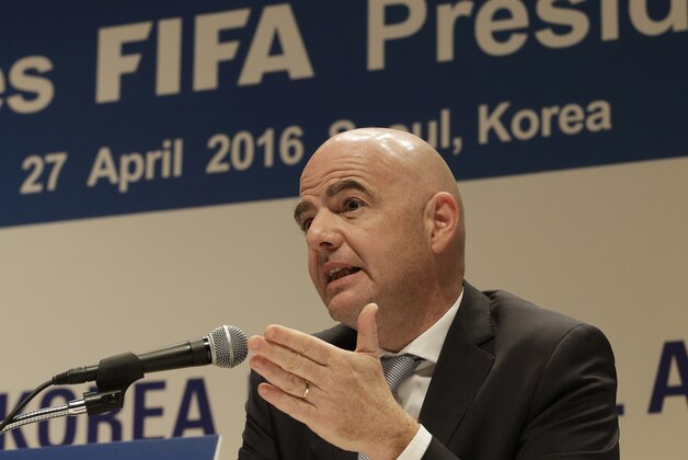 FIFA President Gianni Infantino speaks during a press conference in Seoul, South Korea, Wednesday, April 27, 2016. Infantino arrived Wednesday to discuss issues related to the 2017 FIFA U-20 World Cup to be held in South Korea. (AP Photo/Ahn Young-joon)