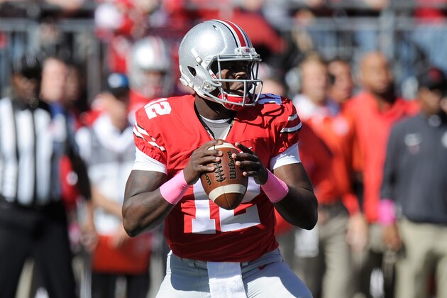 COLUMBUS, OH - OCTOBER 10:  Cardale Jones #12 of the Ohio State Buckeyes drops back to pass against the Maryland Terrapins at Ohio Stadium on October 10, 2015 in Columbus, Ohio.  (Photo by G Fiume/Maryland Terrapins/Getty Images)